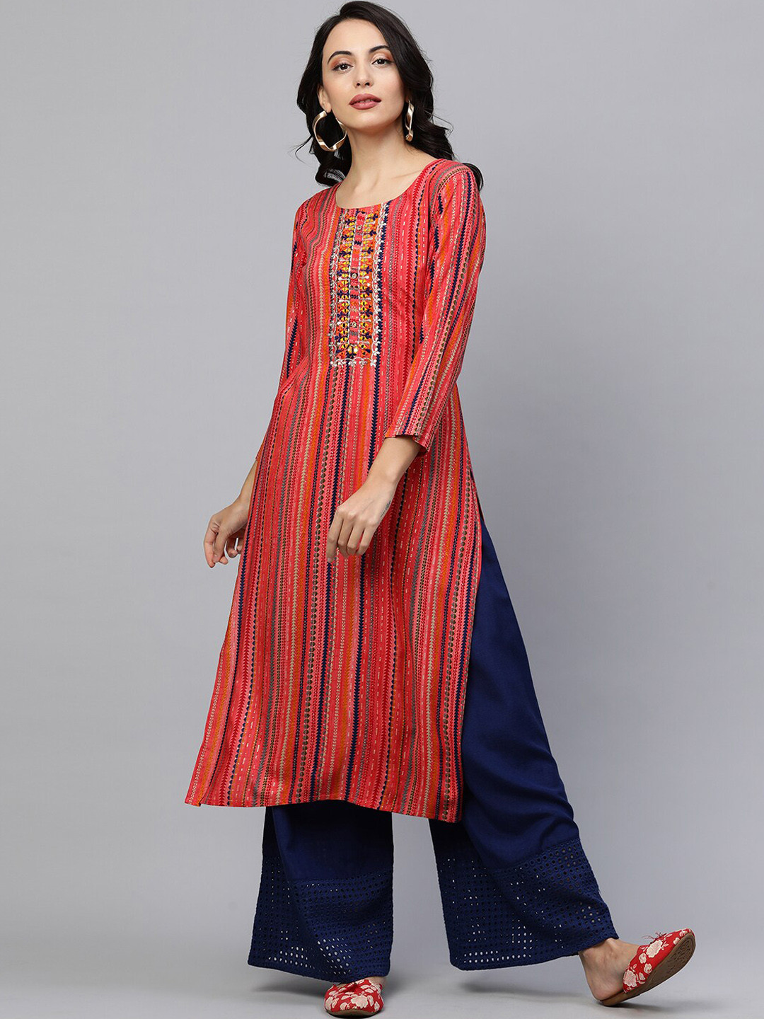 

FASHOR Women Peach-Coloured Striped Keyhole Neck Flared Sleeves Mirror Work Kurta