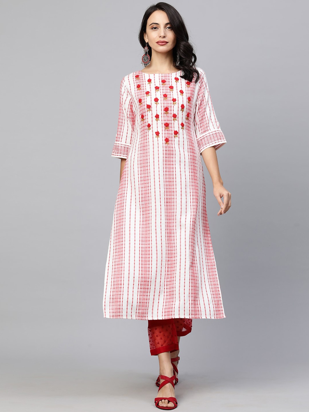 

FASHOR Women Red & White Striped Straight Kurta