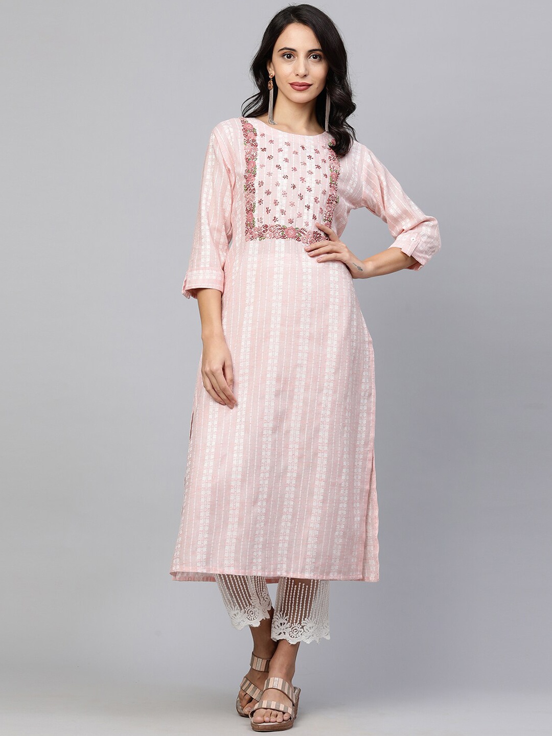 

FASHOR Women Peach-Coloured Embroidered Thread Work Kurta