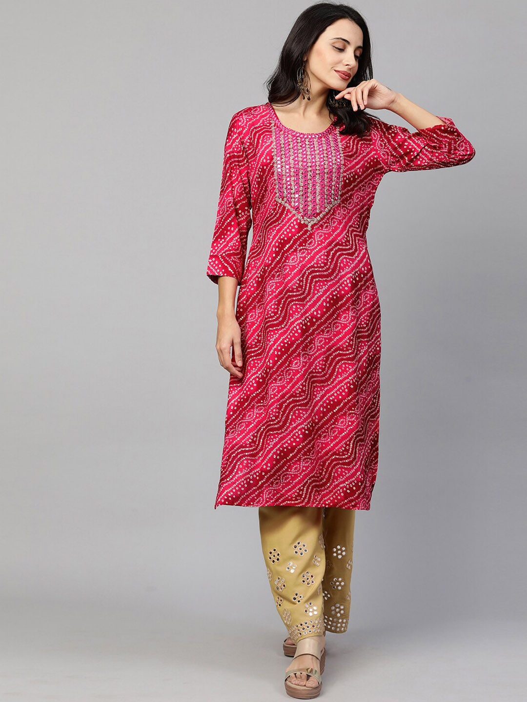 

FASHOR Women Pink Bandhani Straight Kurta
