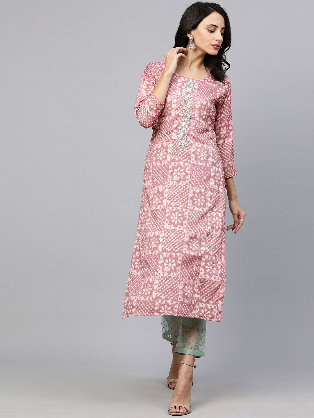 

FASHOR Women Pink Geometric Striped Keyhole Neck Kurta
