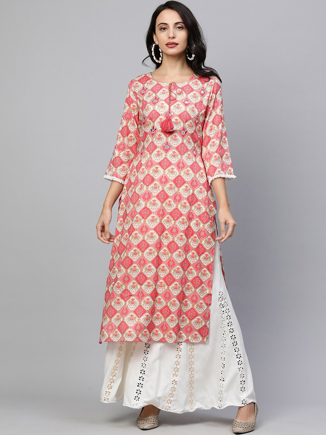 

FASHOR Women Pink Geometric Printed Keyhole Neck Cold-Shoulder Sleeves Kurta
