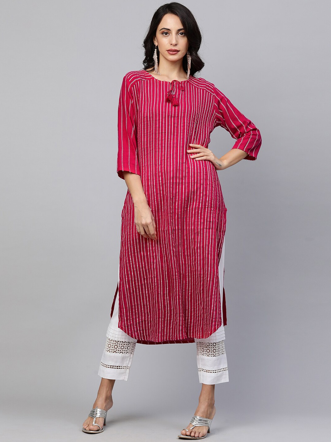 

FASHOR Women Pink Striped Keyhole Neck Pathani Kurta