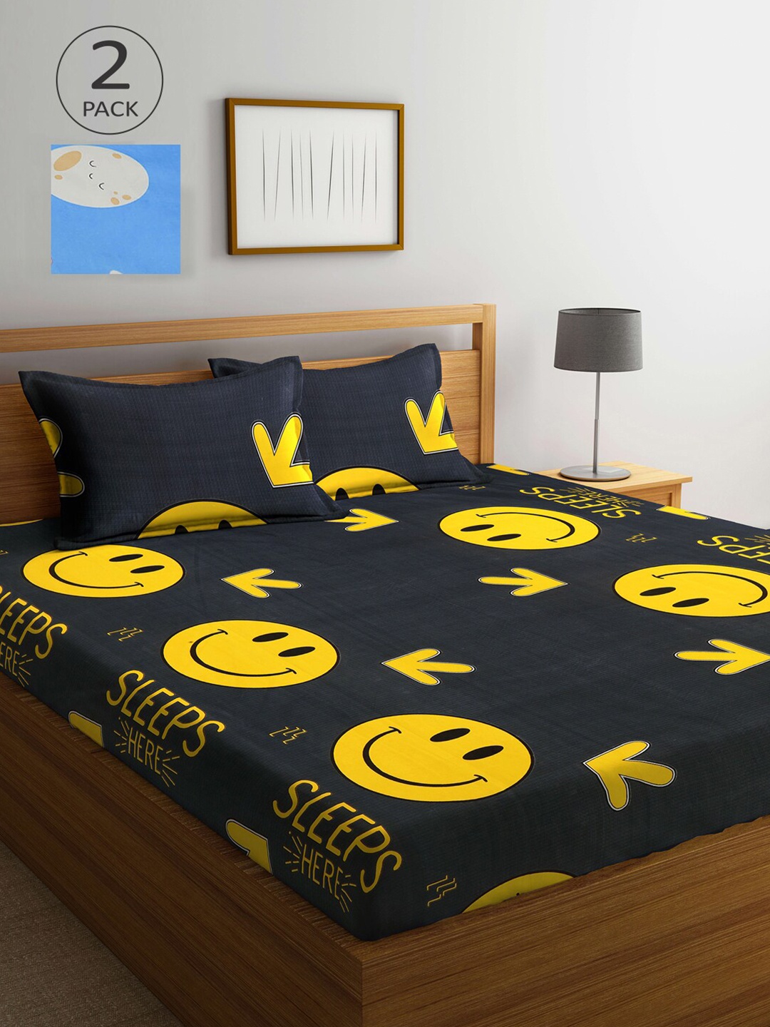 

KLOTTHE Blue & Black Cartoon Characters 210 TC 2 King Bedsheet with 4 Pillow Covers