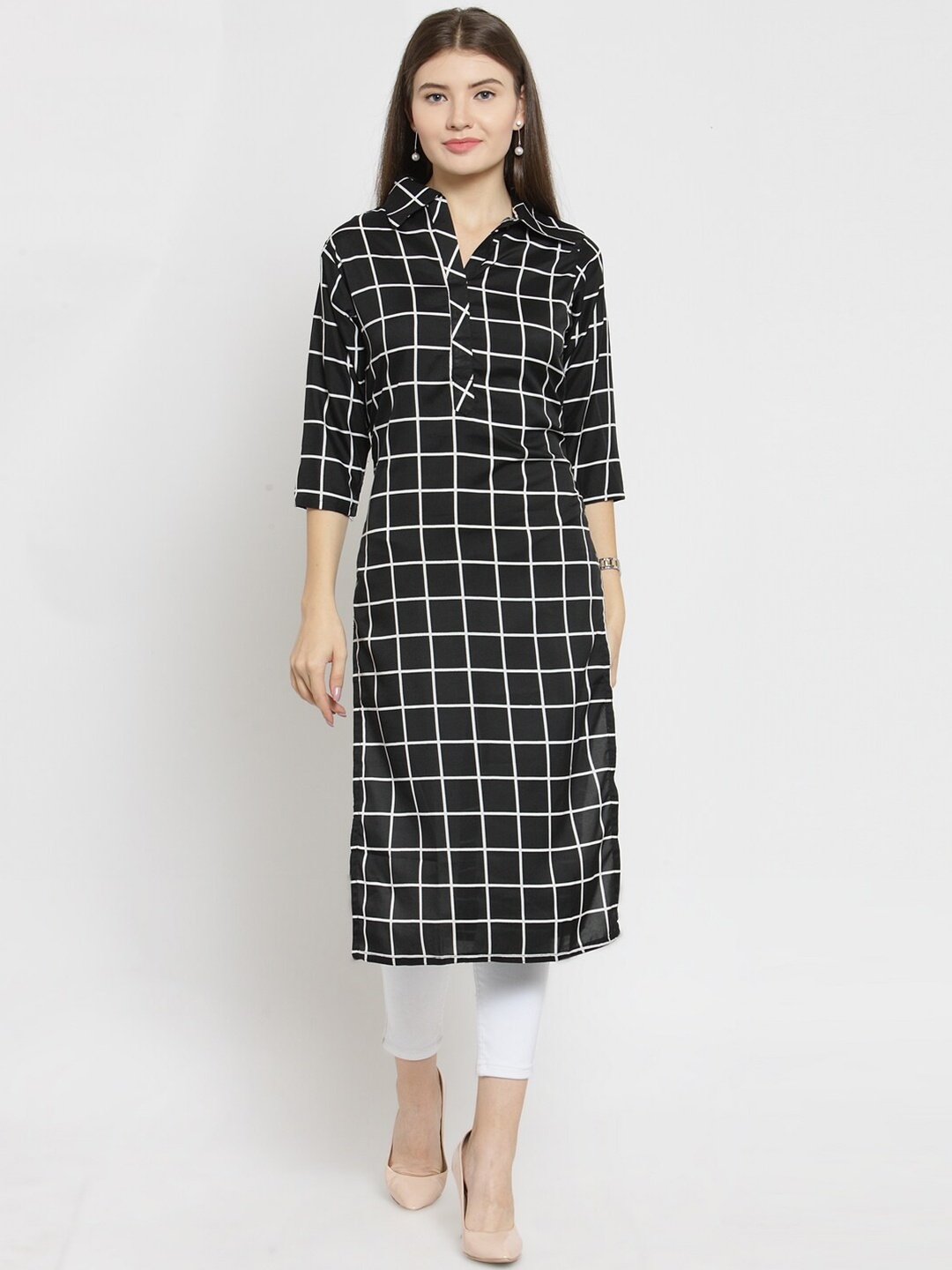 

Enchanted Drapes Black Checked Shirt Collar Pure Cotton Kurti