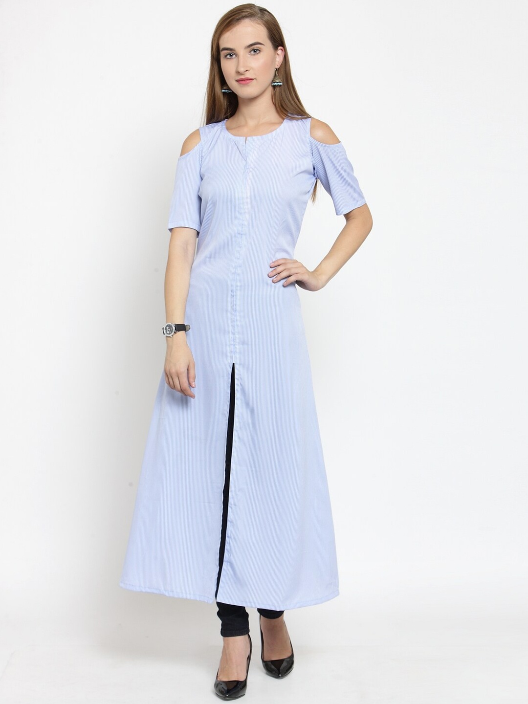 

Enchanted Drapes Women Blue & White Striped Cold-Shoulder Sleeves Pure Cotton A-line Kurta