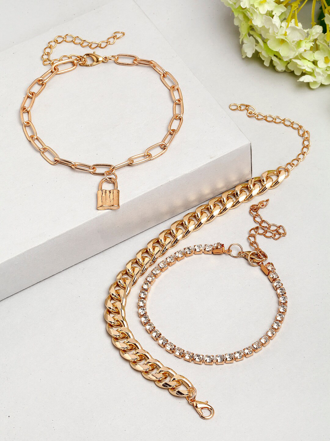 

Ferosh Women Set of 3 Gold-Toned Anaqa Crystal Link Bracelets