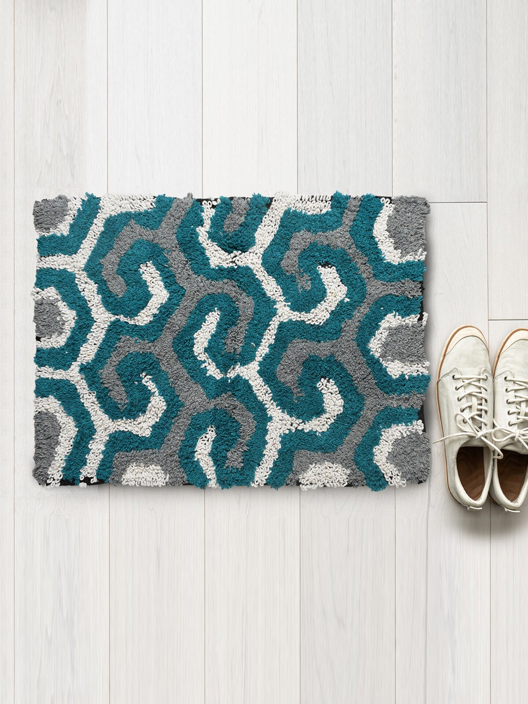 

AAZEEM Turquoise Blue & Grey Anti-Skid Cotton Door Mat