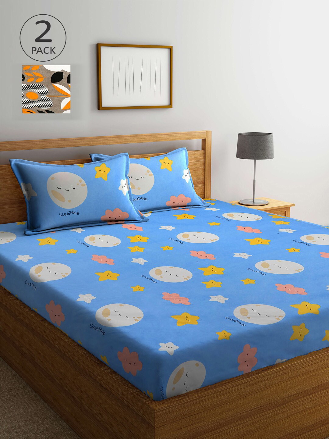 

KLOTTHE Blue & Grey Cartoon Characters 210 TC 2 King Bedsheets with 4 Pillow Covers