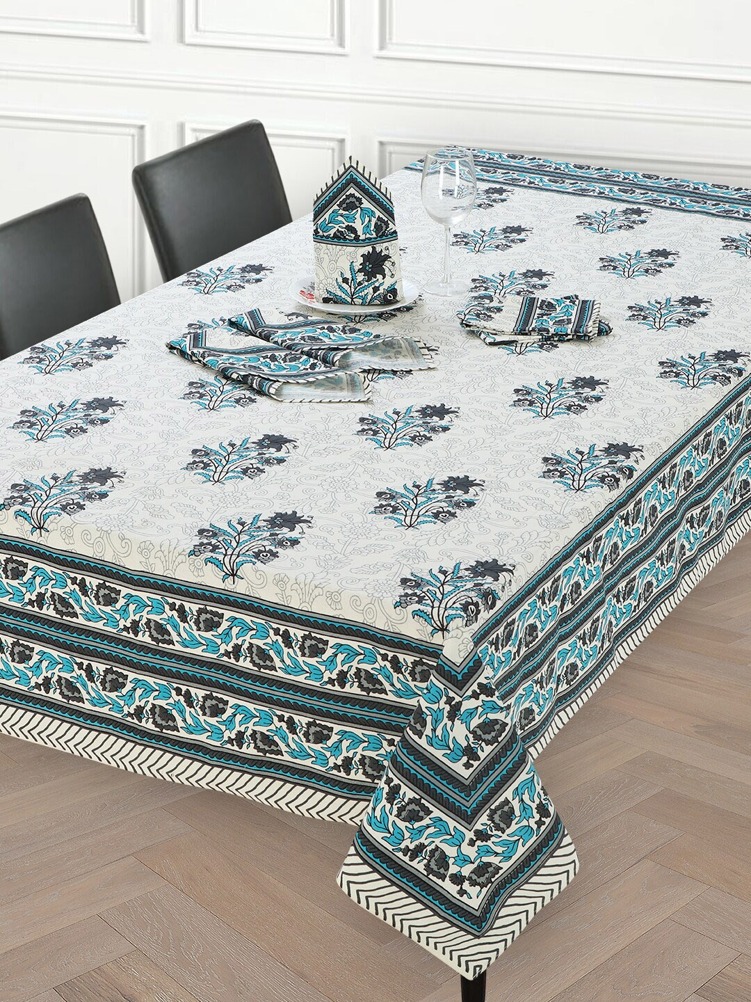 

Salona Bichona Set Of 7 Blue & White Floral Printed Pure Cotton 120 TC Table Linen Set