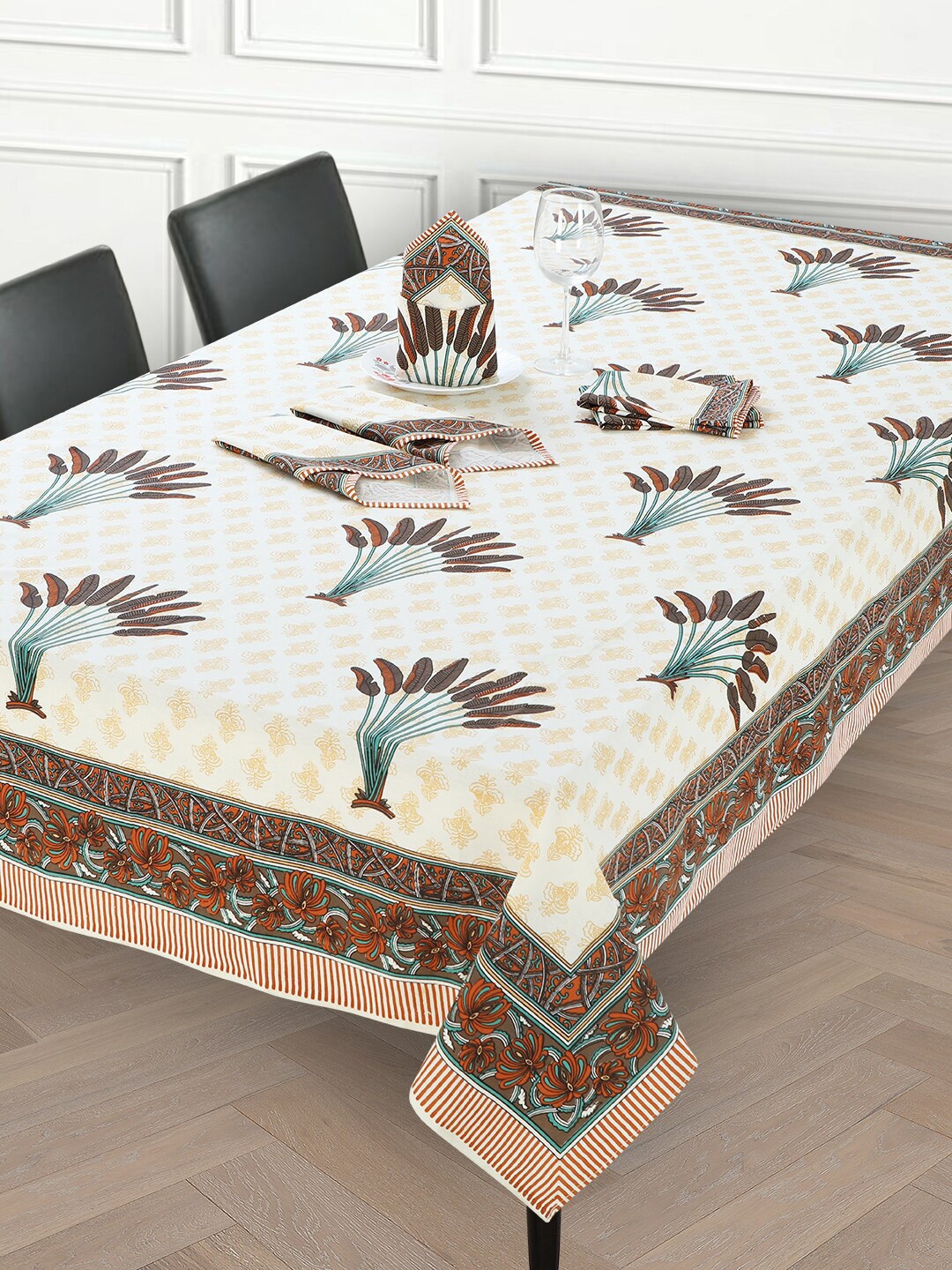 

Salona Bichona White & Brown Floral Printed 6-Seater Pure Cotton Table Linen Set