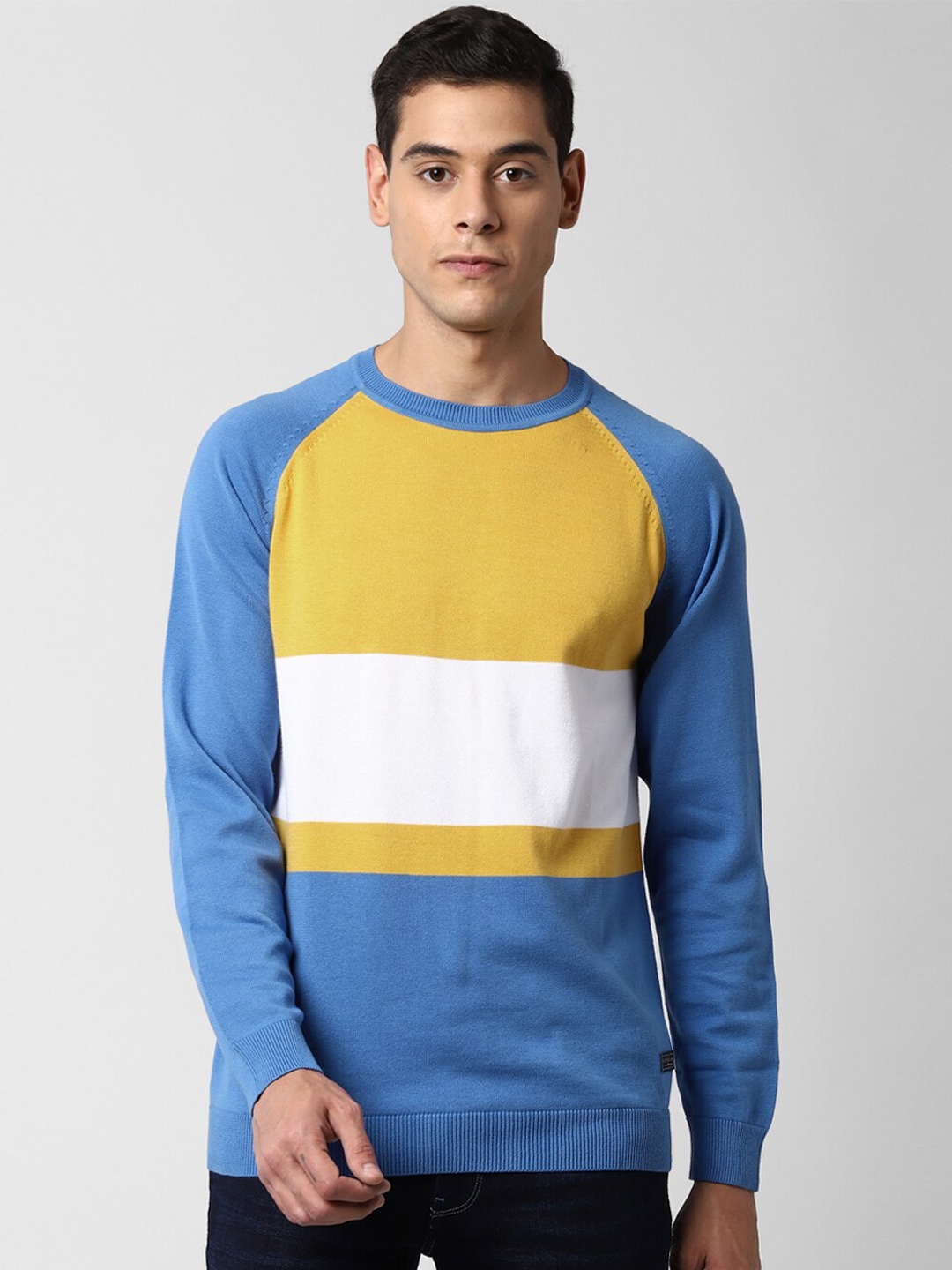 

Peter England Casuals Men Blue & Yellow Pure Cotton Striped Pullover