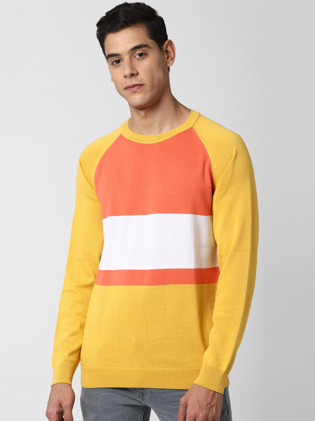 

Peter England Casuals Men Yellow & Peach-Coloured Colourblocked Pure Cotton Pullover