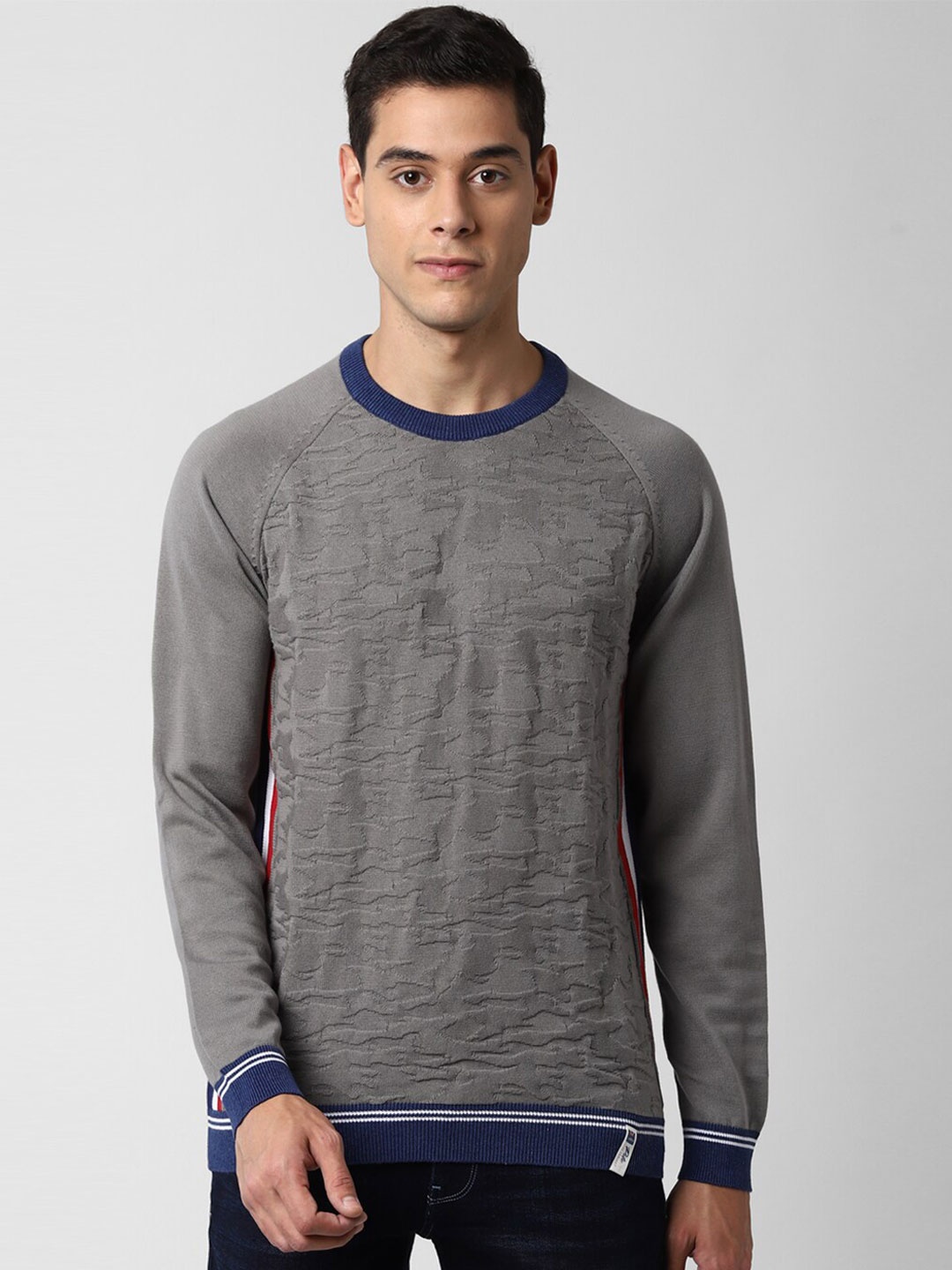 

Peter England Casuals Men Grey & Blue Self Design Pure Cotton Pullover