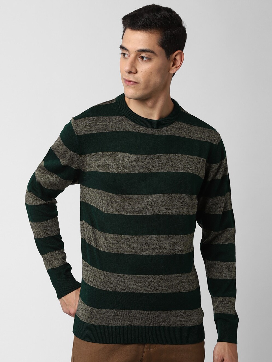 

Peter England Casuals Men Green & Beige Striped Pure Acrylic Pullover Sweater