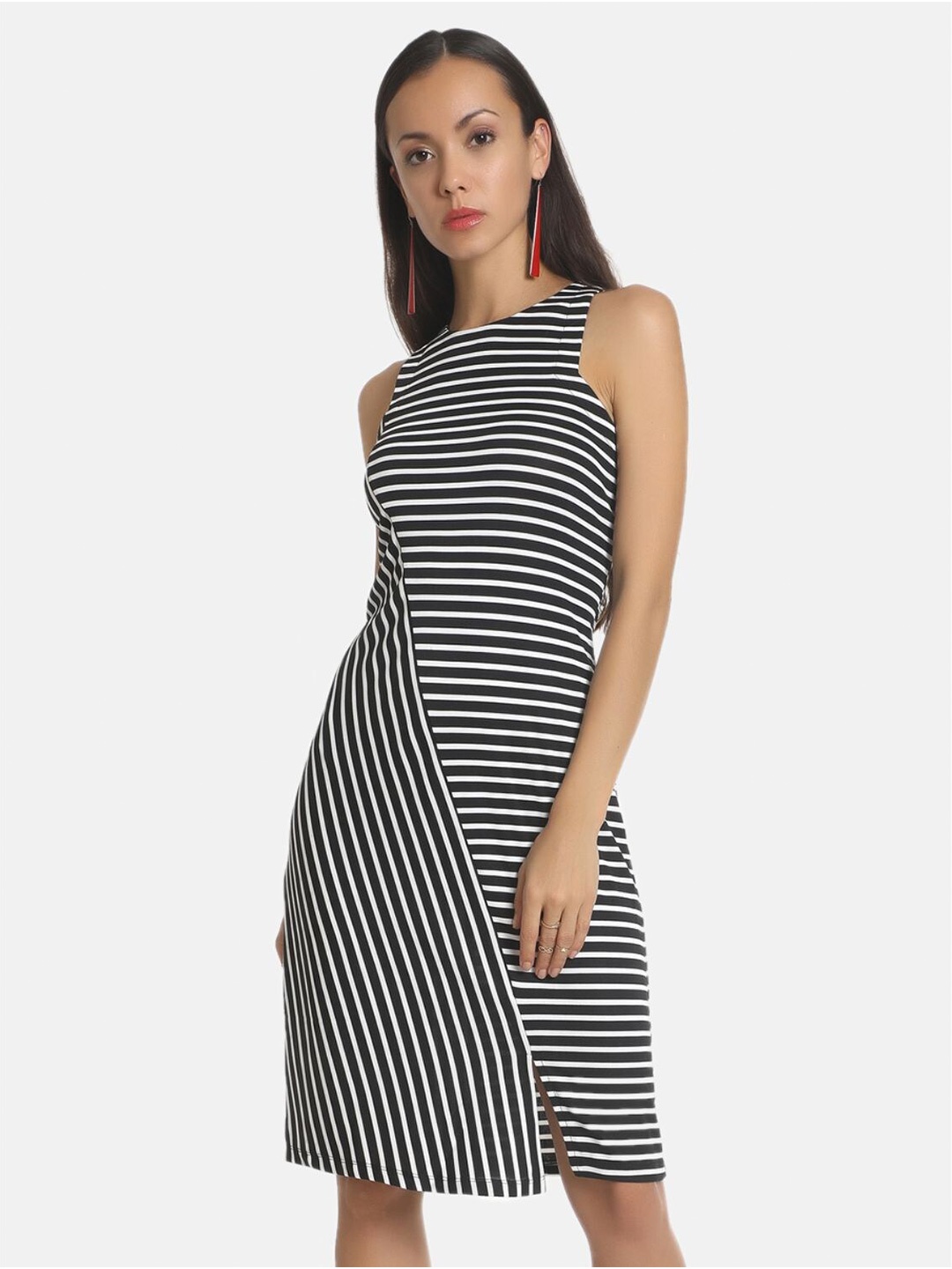 

AARA Black & White Striped Halter Neck Sheath Dress
