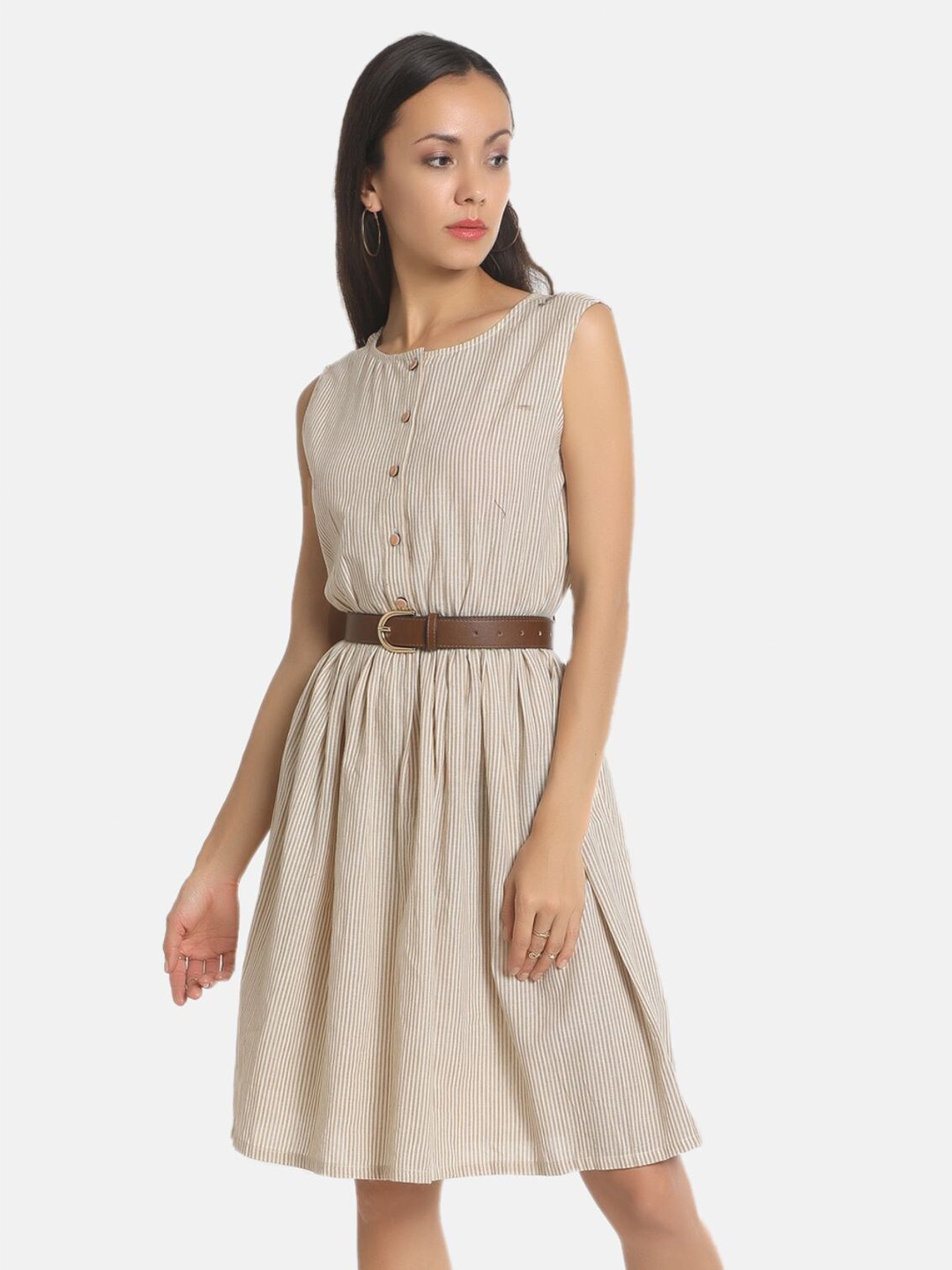 

AARA Women Multicoloured Striped Cotton Fit and Flare Dress, Multi
