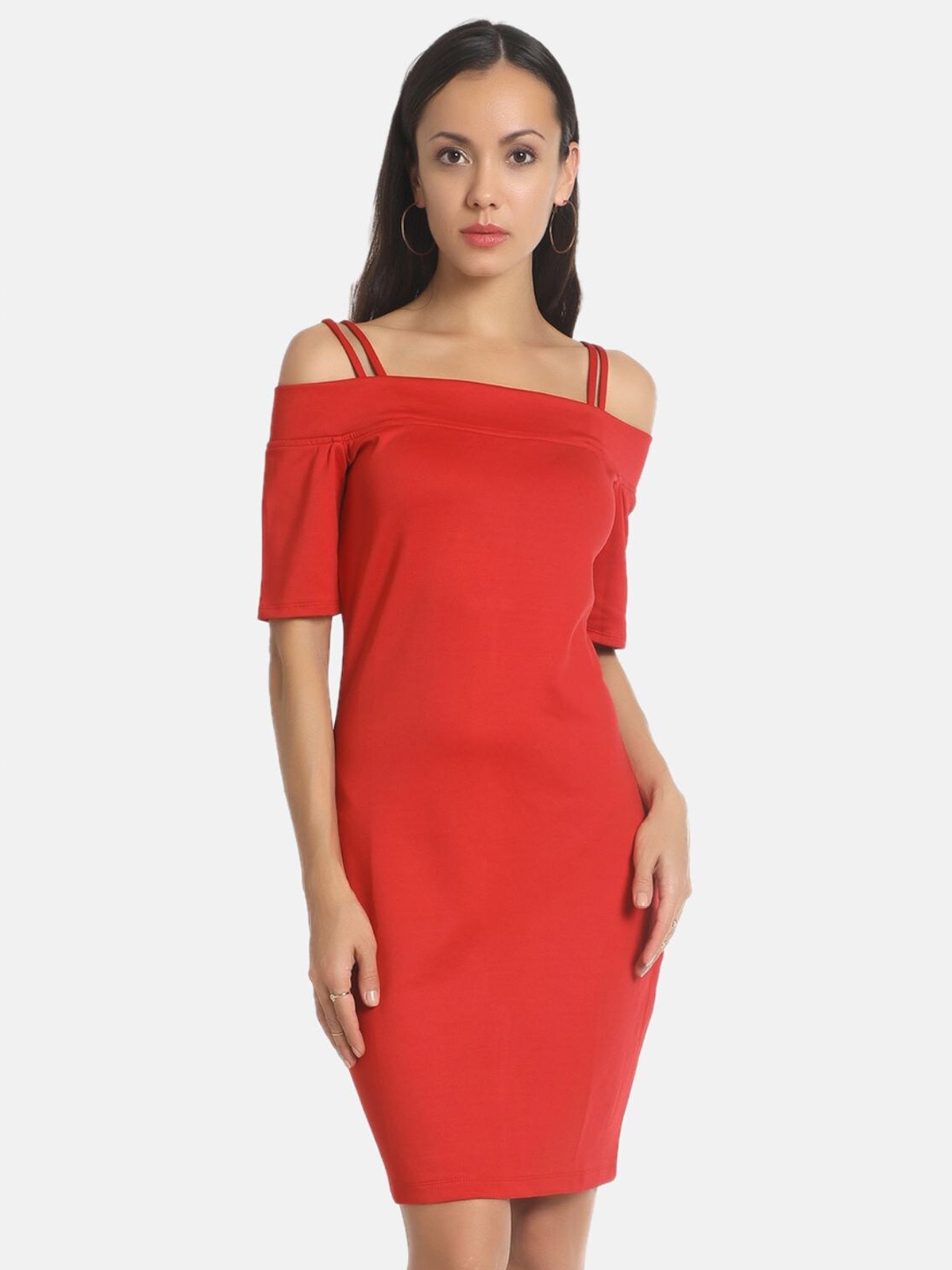 

AARA Red Solid Shoulder Strap Sheath Dress