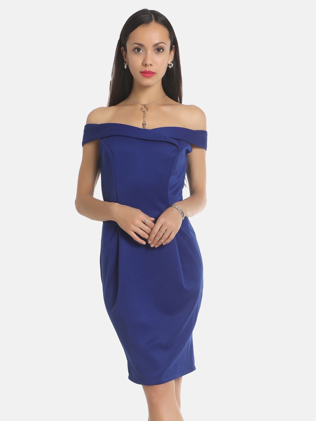 

AARA Blue Solid Off-Shoulder Bodycon Dress