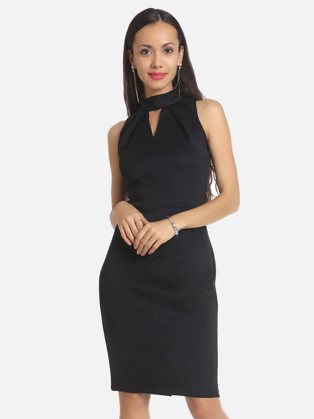 

AARA Woman Black Keyhole Neck Sheath Dress