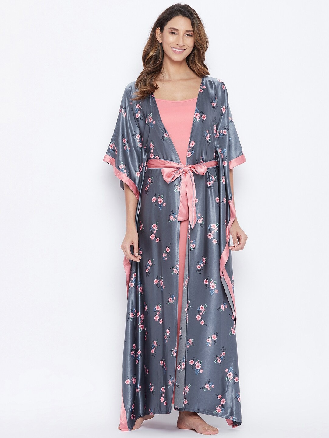 

The Kaftan Company Grey Printed Maxi Satin Nightdress