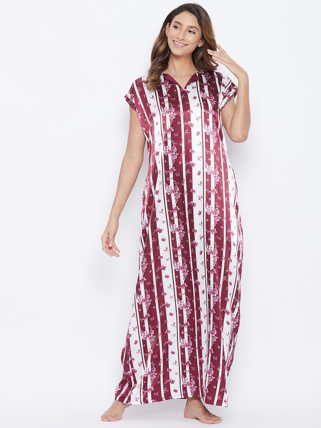 

The Kaftan Company White Printed Satin Maxi Nightdress