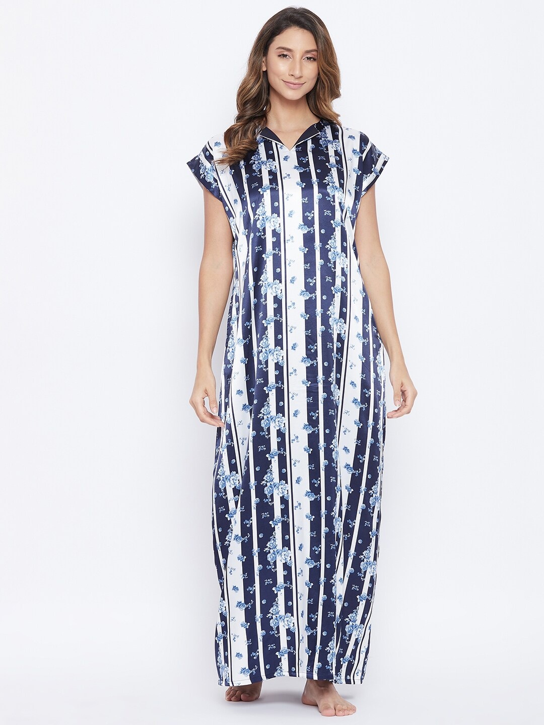 

The Kaftan Company White & Blue Floral Printed Maxi Nightdress