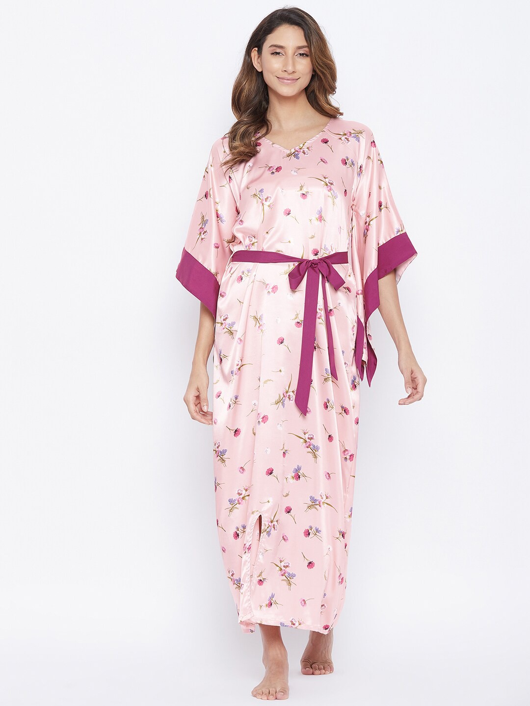 

The Kaftan Company Pink & Purple Floral Printed Satin Maxi Nightdress