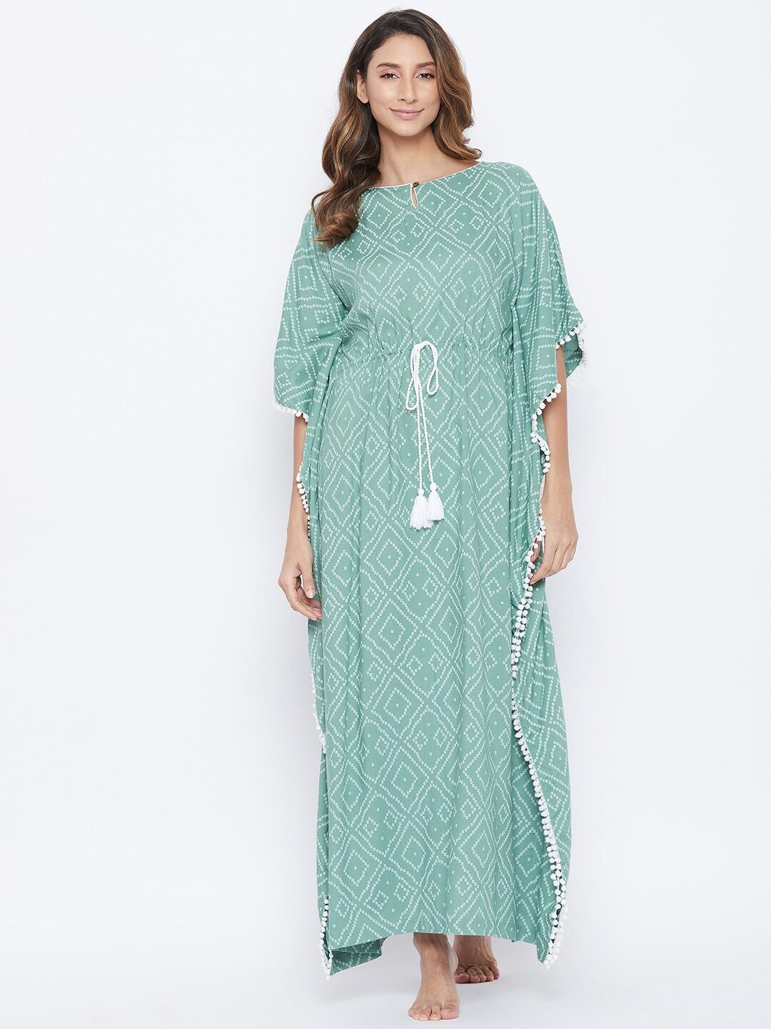 

The Kaftan Company Women Green Bandhani Printed Kaftan Nightdress