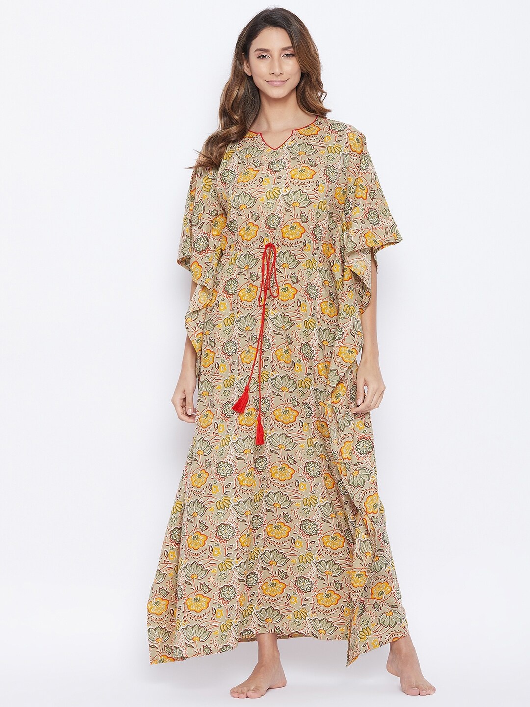 

The Kaftan Company Beige Printed Cotton Maxi Nightdress