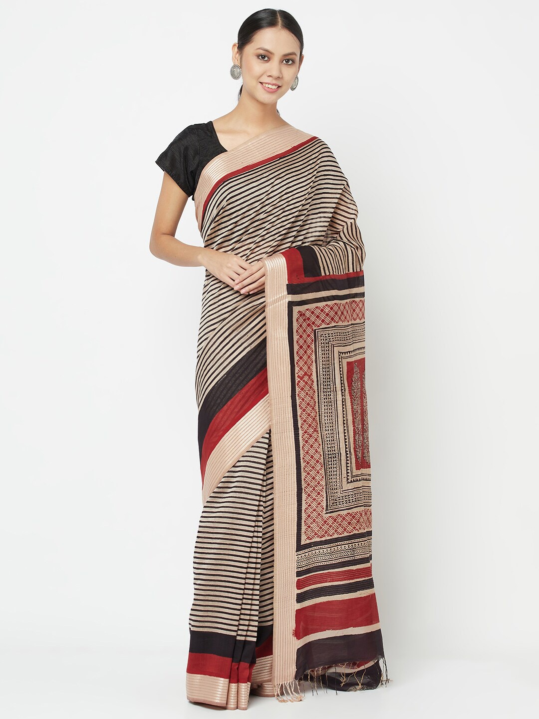 

Fabindia Black & Maroon Striped Zari Bagh Saree