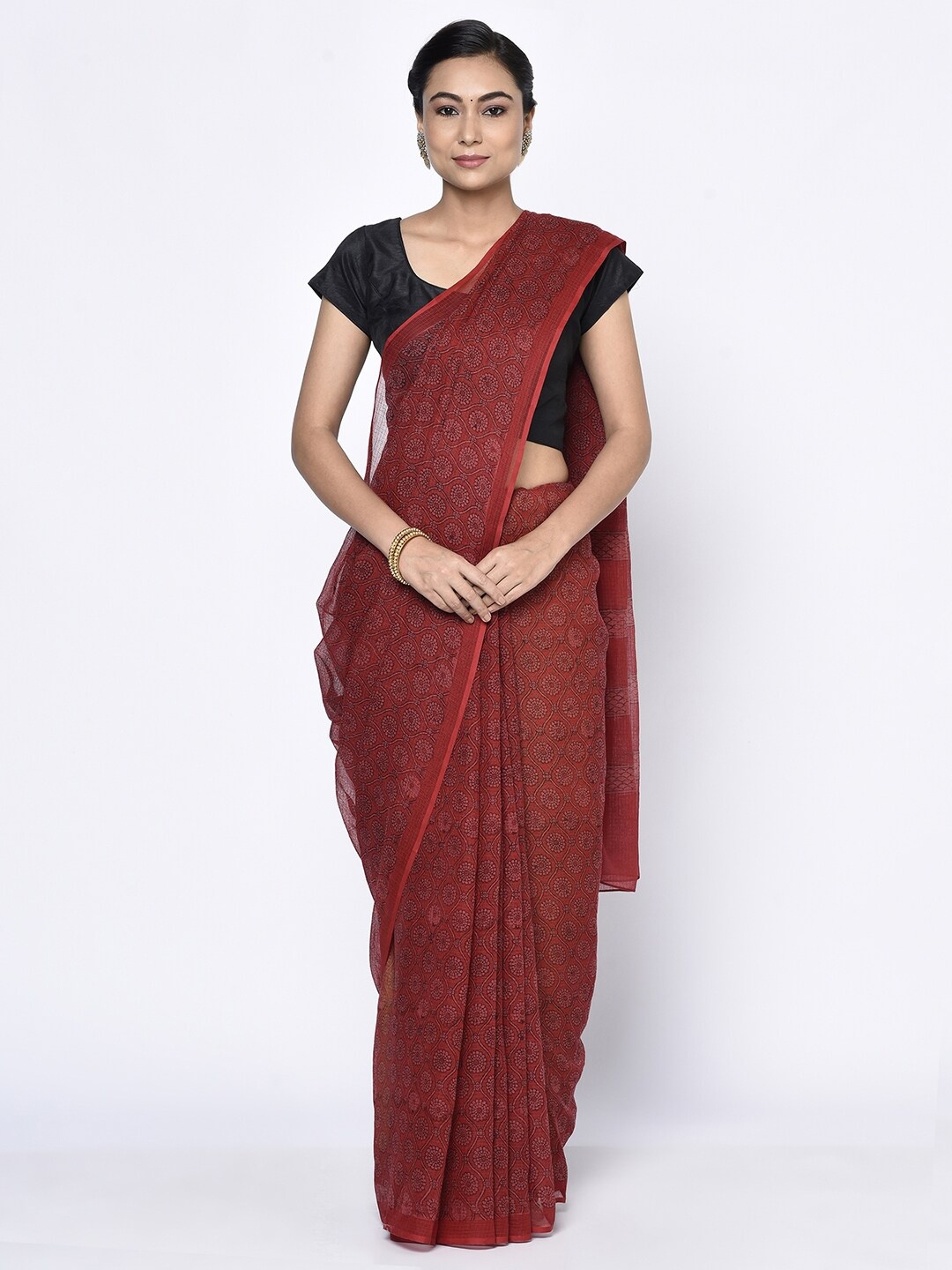 

Fabindia Maroon & Black Ethnic Motifs Block Print Saree