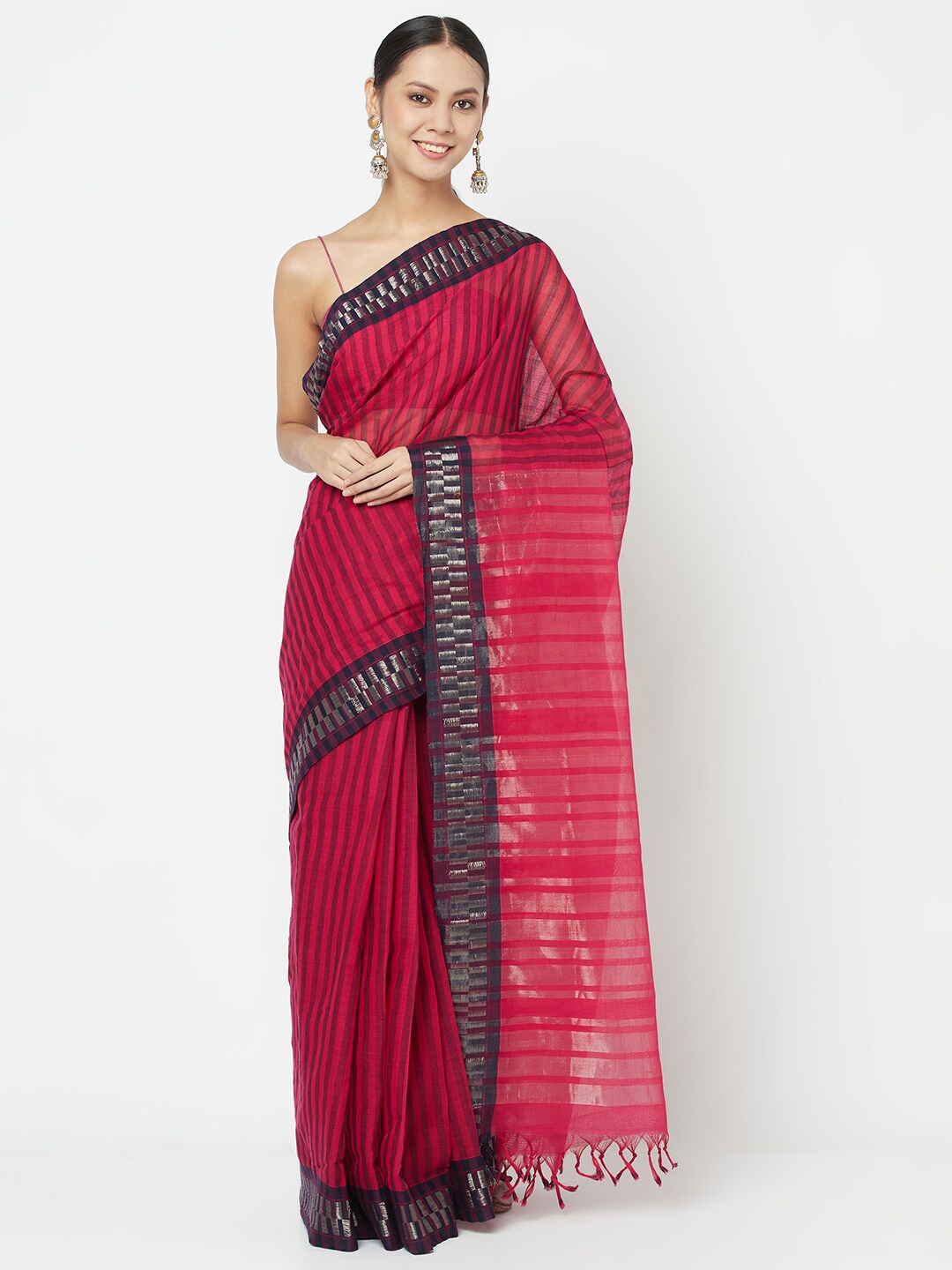 

Fabindia Magenta & Black Striped Pure Cotton Saree