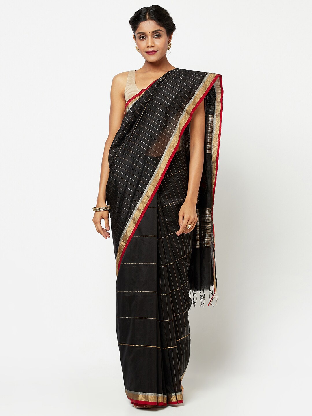 

Fabindia Black & Red Striped Zari Chanderi Saree