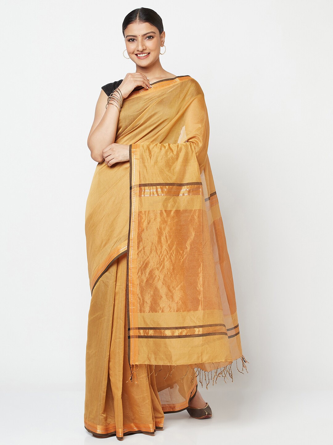 

Fabindia Mustard & Black Zari Maheshwari Saree