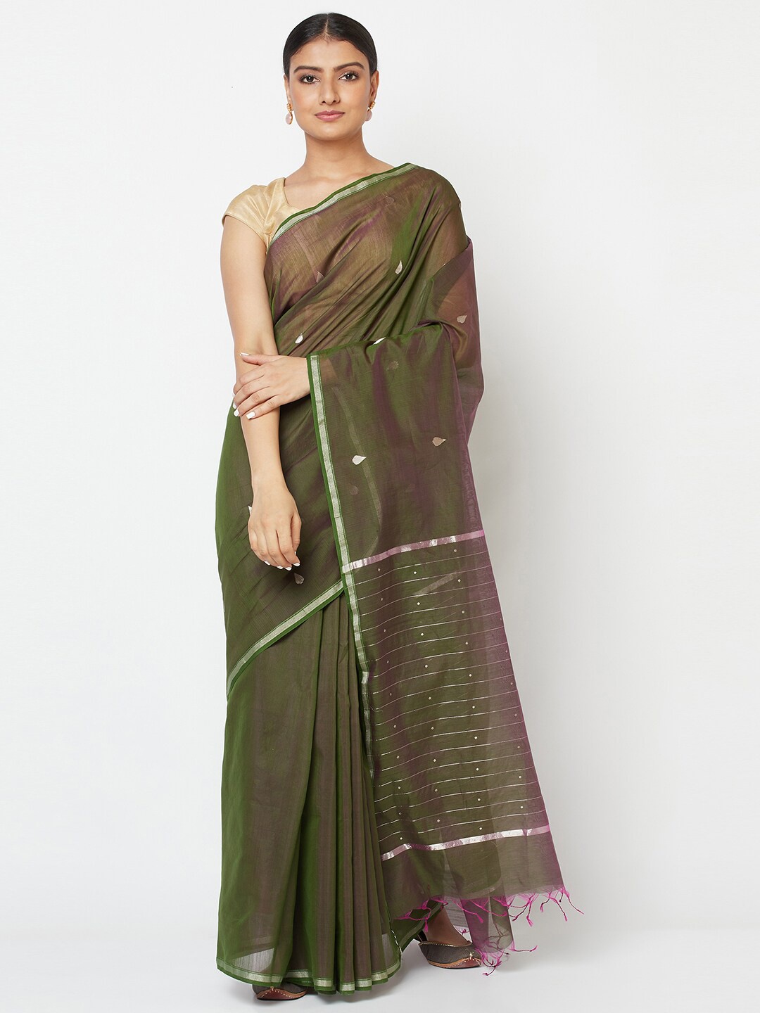 

Fabindia Green Ethnic Motifs Woven Design Chanderi Saree