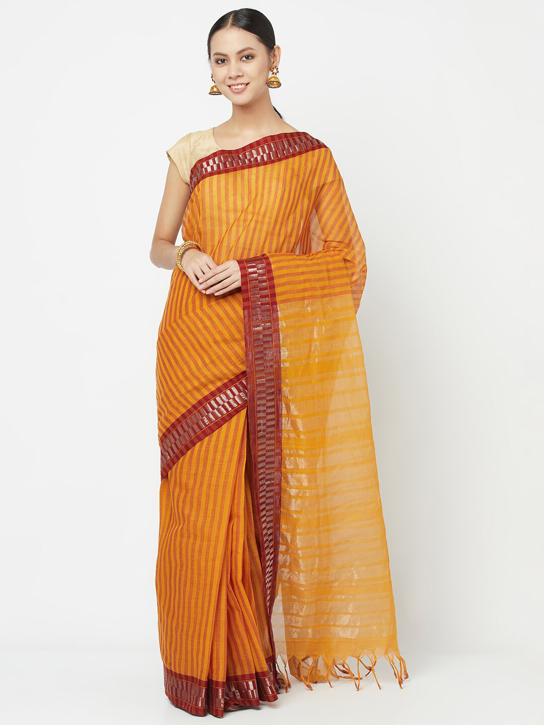 

Fabindia Yellow & Red Striped Pure Cotton Saree