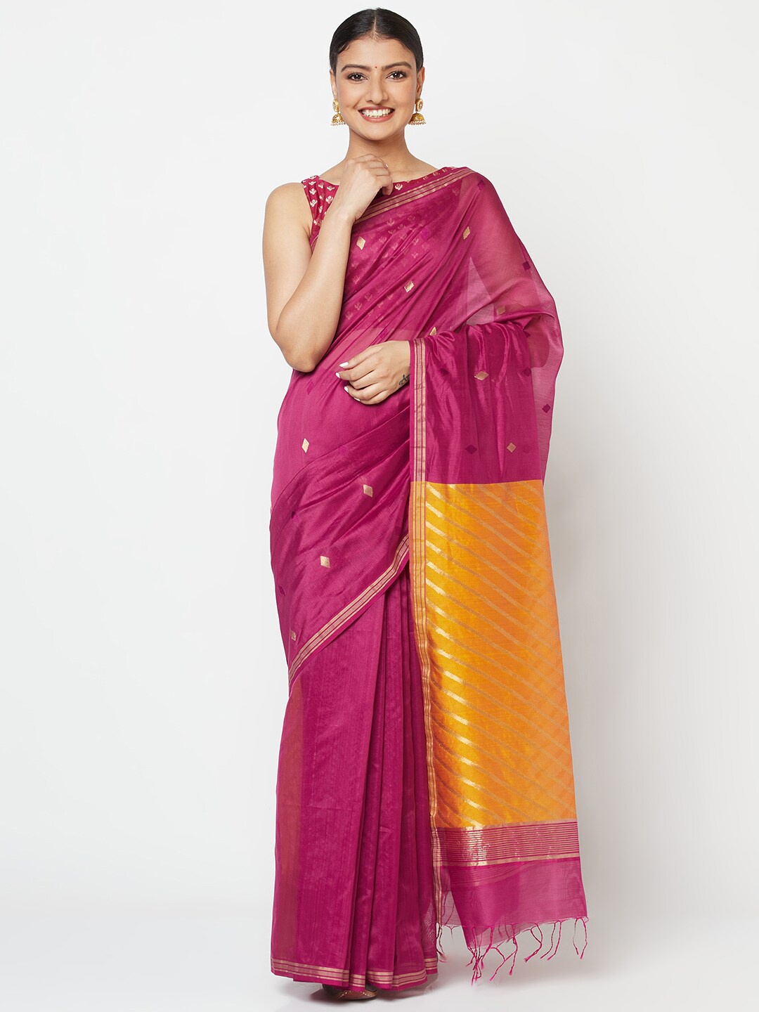

Fabindia Magenta & Yellow Woven Design Zari Chanderi Saree