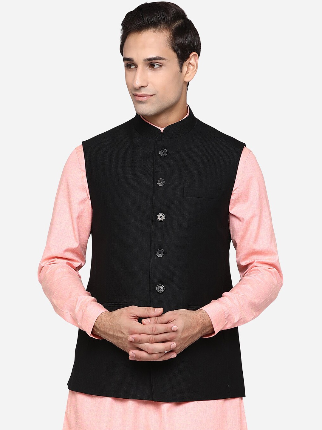 

MODI JACKET Men Black Solid Woven Nehru Jacket