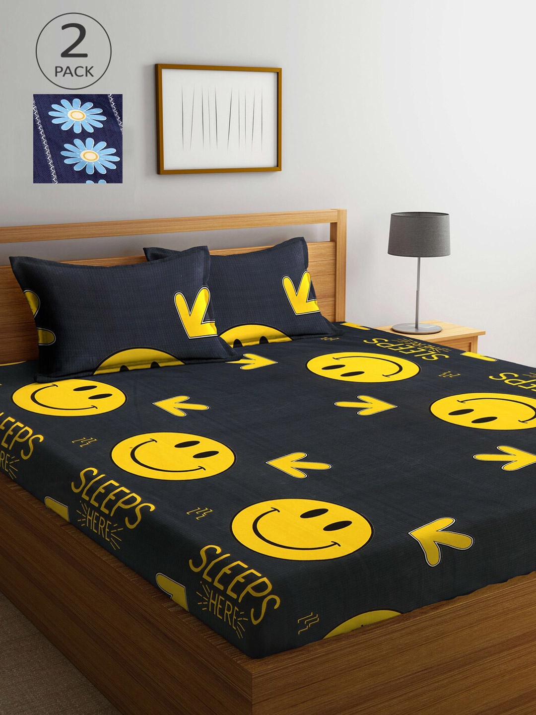 

KLOTTHE Black & Navy Blue Cartoon Characters 210 TC 2 King Bedsheet with 4 Pillow Covers