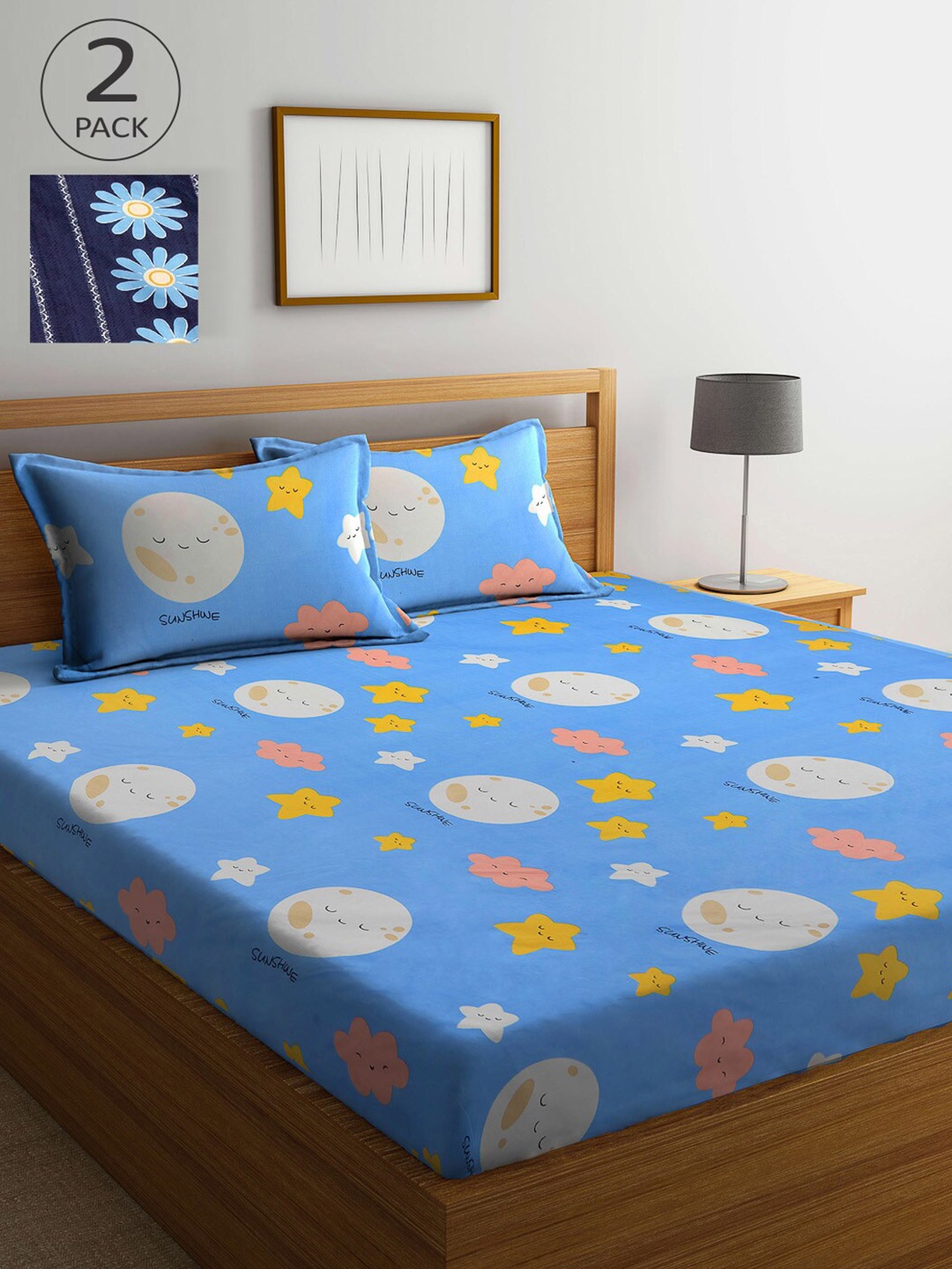 

KLOTTHE Blue & Pink Cartoon Characters 210 TC 2 King Bedsheet with 4 Pillow Covers