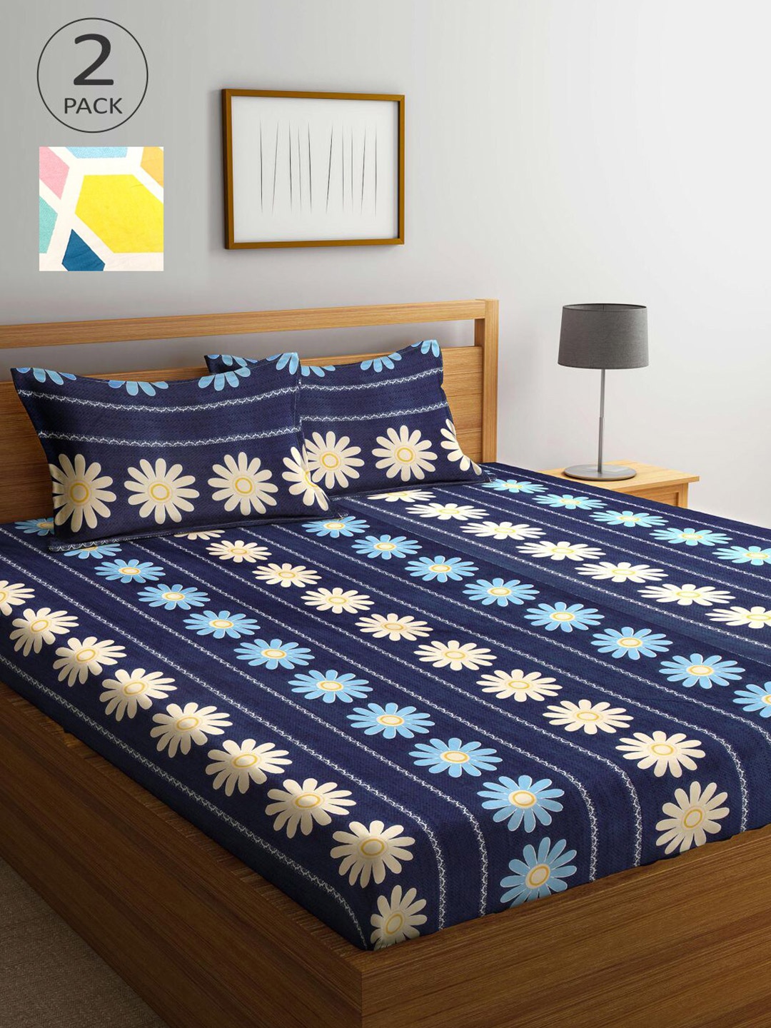 

KLOTTHE Set of 2 Blue & Yellow Geometric 210 TC King Bedsheet with 4 Pillow Covers