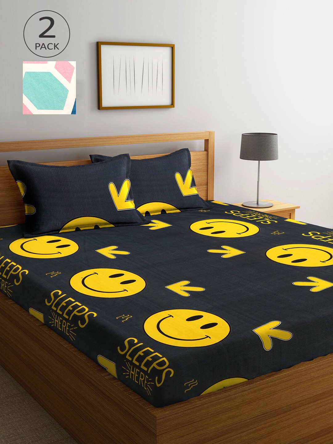

KLOTTHE Set Of 2 Printed 210 TC 2 King Bedsheet with 4 Pillow Covers, Black