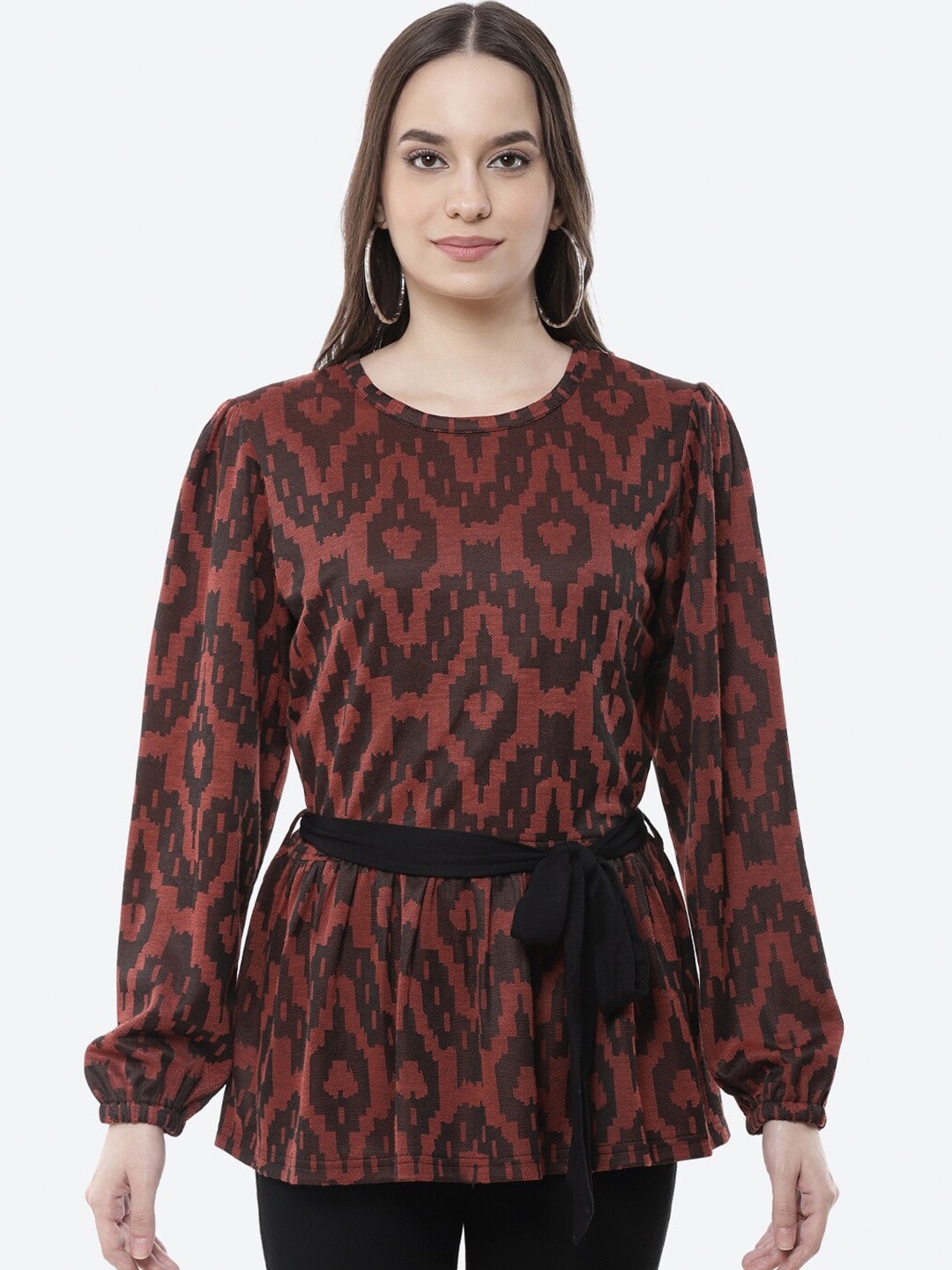 

Kurti's by Menka Maroon Animal Cinched Waist Top