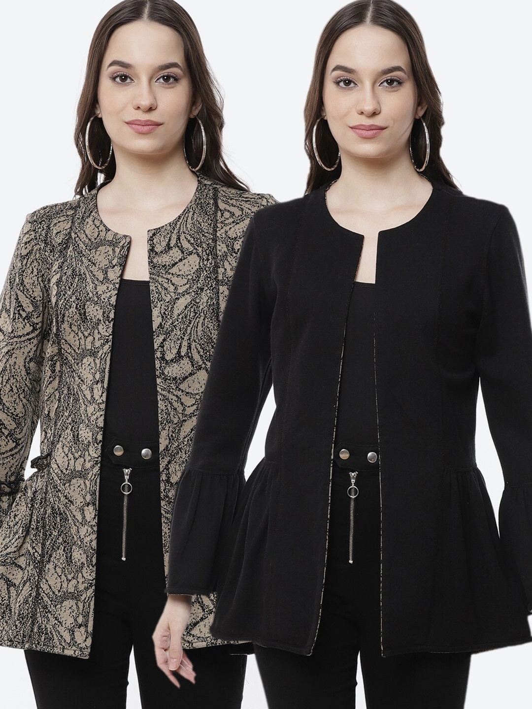 

Kurti's by Menka Beige & Black Floral Open-Front Reversible Winter Over Coat