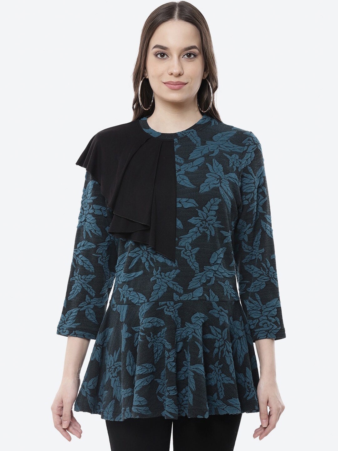 

Kurti's by Menka Teal & Black Printed Side Frill Longline Top, Blue