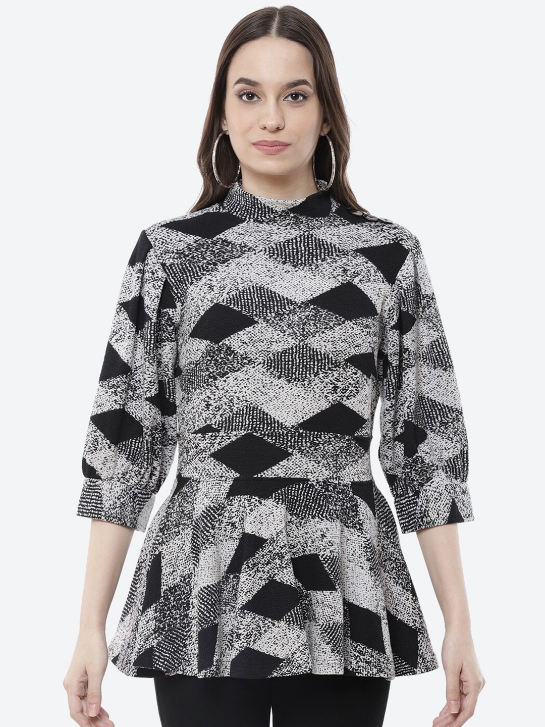 

Kurti's by Menka Black & White Geometric Peplum Longline Top