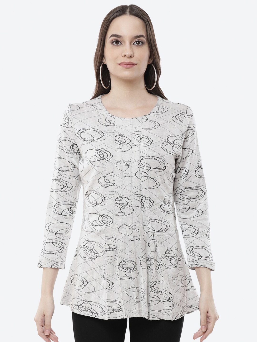 

Kurti's by Menka Grey Printed Longline Pleated Top