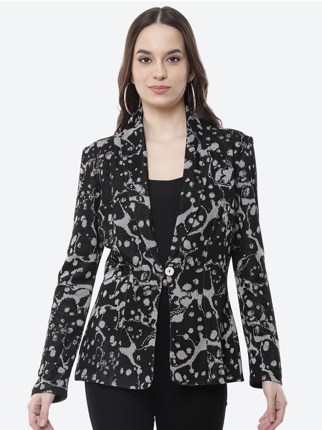 

Kurti's by Menka Women Black Abstract Printed Slim Fit Coat
