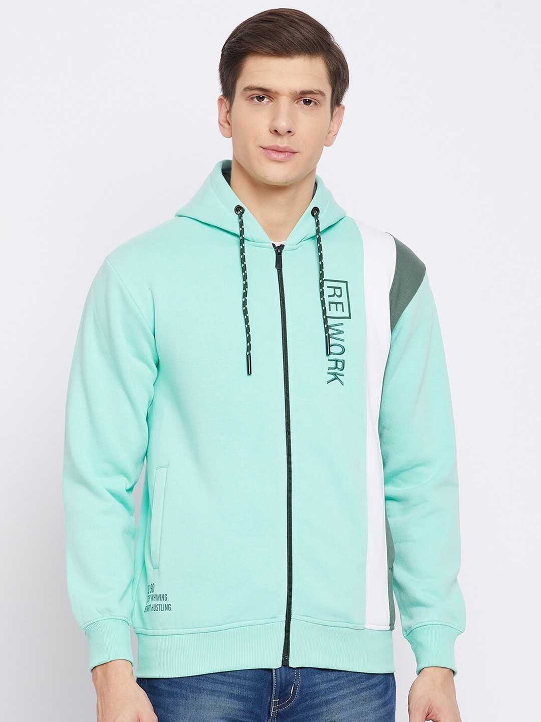 

Duke Men Sea Green Colourblocked Hooded Sweatshirt